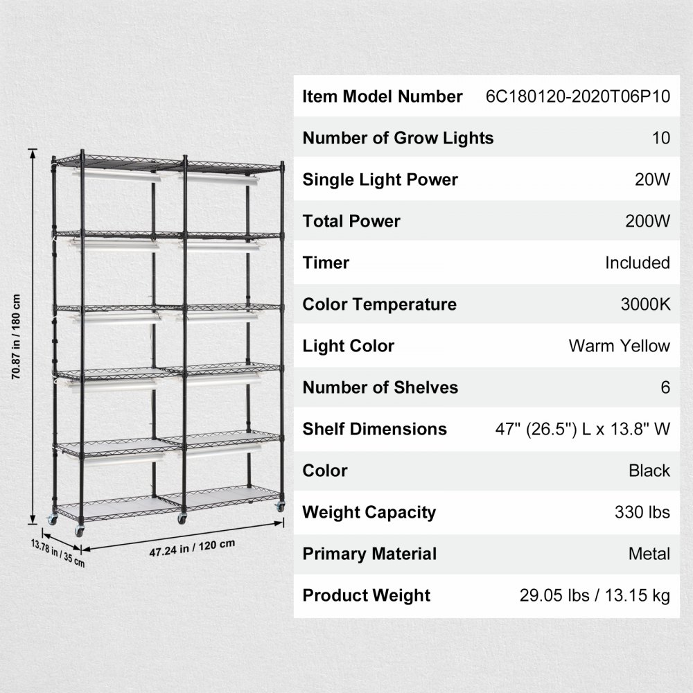 VEVOR Supporto per Piante con Luce di Crescita, Mensola a 6 Ripiani con Timer 200 W Luci a Spettro Completo, Mensola per Piante in Metallo, Rack da Giardino per Avviare Semi 120 x 35 x 180 cm