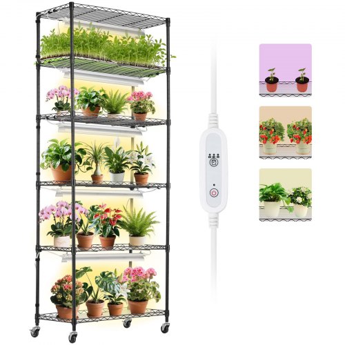 VEVOR Supporto per Piante con Luce di Crescita, Mensola 6 Ripiani con Timer 150W 3 Modalità di Spettro di Luci, Mensola per Piante in Metallo , Rack da Giardino per Avviare Semi 750 x 350 x 1800 mm