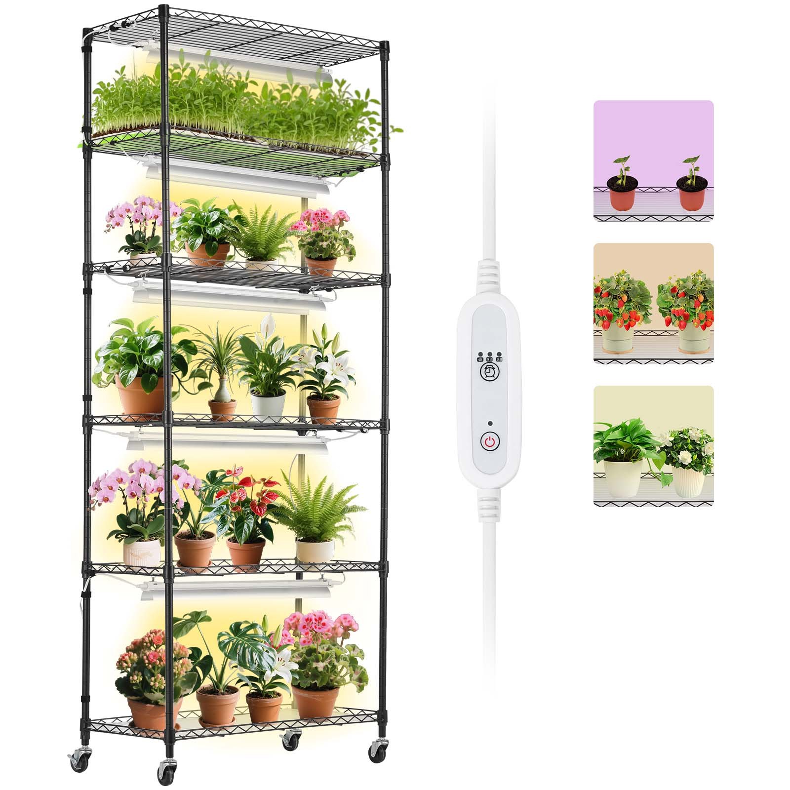 VEVOR Supporto per Piante con Luce di Crescita, Mensola 6 Ripiani con Timer 150W 3 Modalità di Spettro di Luci, Mensola per Piante in Metallo , Rack da Giardino per Avviare Semi 750 x 350 x 1800 mm