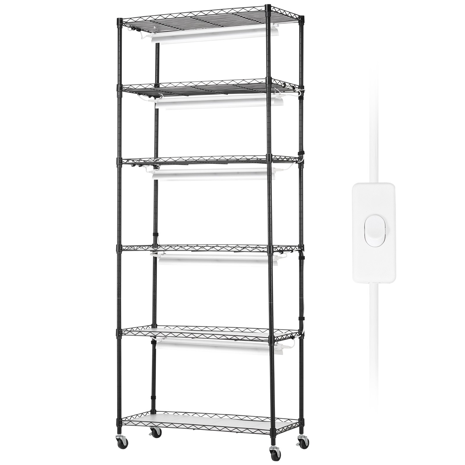 VEVOR Supporto per Piante con Lampada da Coltivazione, 6 Ripiani 192 W in Metallo per Piante con Lampada Crescita, Supporto con Cremagliera Regolabile e Ruote per l'Avvio Semi 750 x 350 x 1800 mm