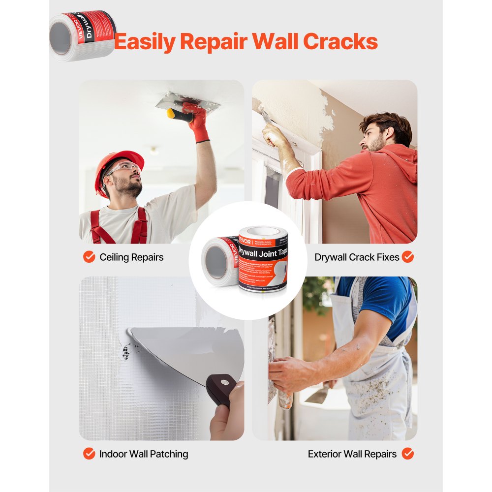VEVOR Drywall Mesh Tape, 150mm W x 30m L Self-Adhesive Fiberglass Drywall Joint Tape, 12 Rolls Dry Wall Patch for Easy Sheetrock Ceiling Crack Repair, to Achieve Smooth Even Wall Surface