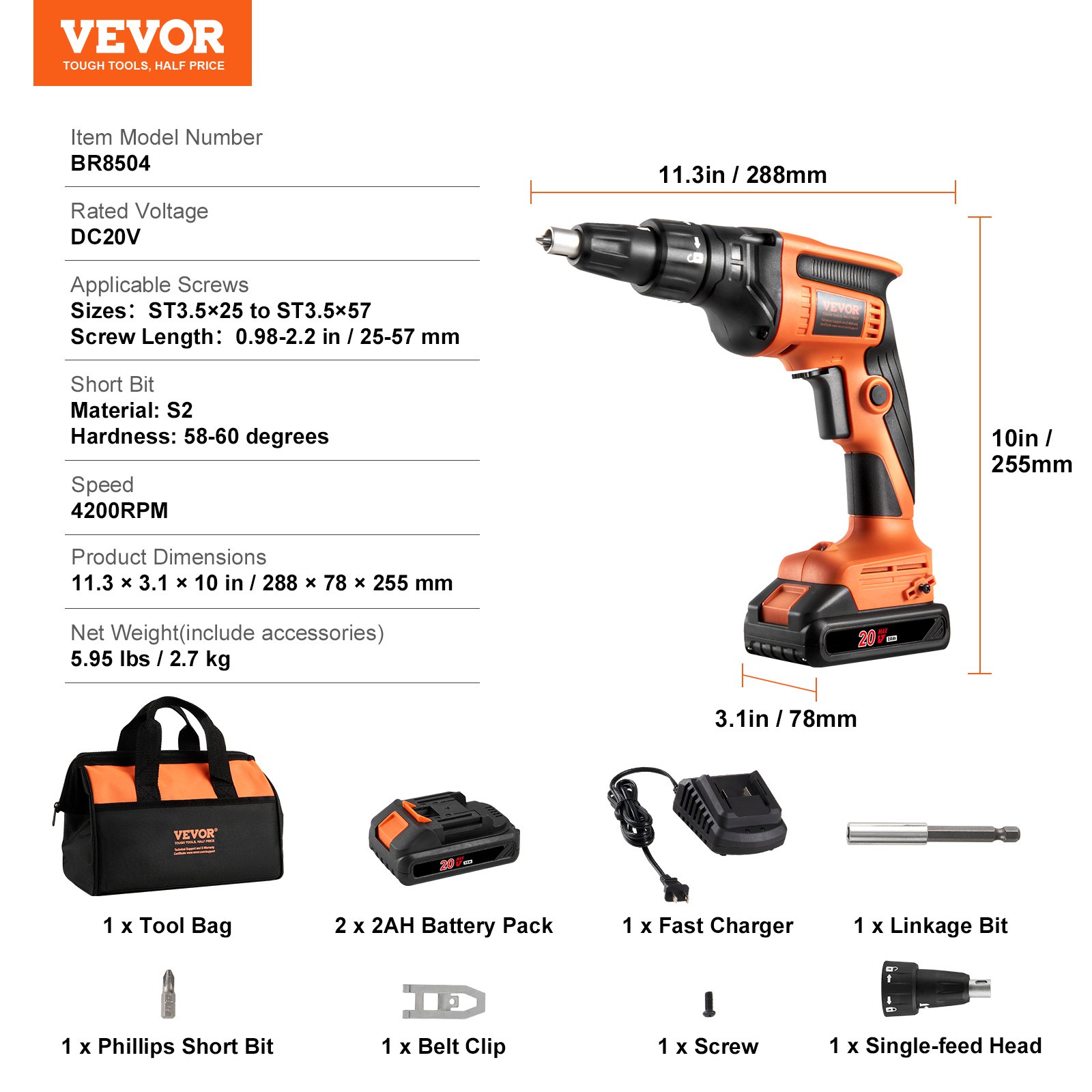 VEVOR Drywall Screwdriver, 20V Max Drywall Screwdriver, Brushless 4200 RPM Cordless Drywall Screwdriver Set with 2 Battery Packs, Charger, Belt Clip and Tool Bag, Forward and Reverse Gears