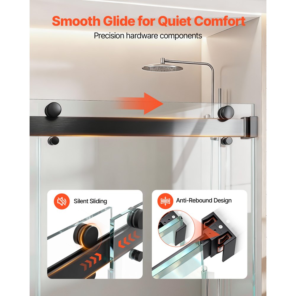 VEVOR Porta Doccia Scorrevole in Vetro, Porta Scorrevole per Box Doccia con 2 Ante in Vetro Trasparente Temperato Spessore 10 mm, Rivestimento Nano Anticalcare con Binario Silenzioso, 1219mm x 1930mm