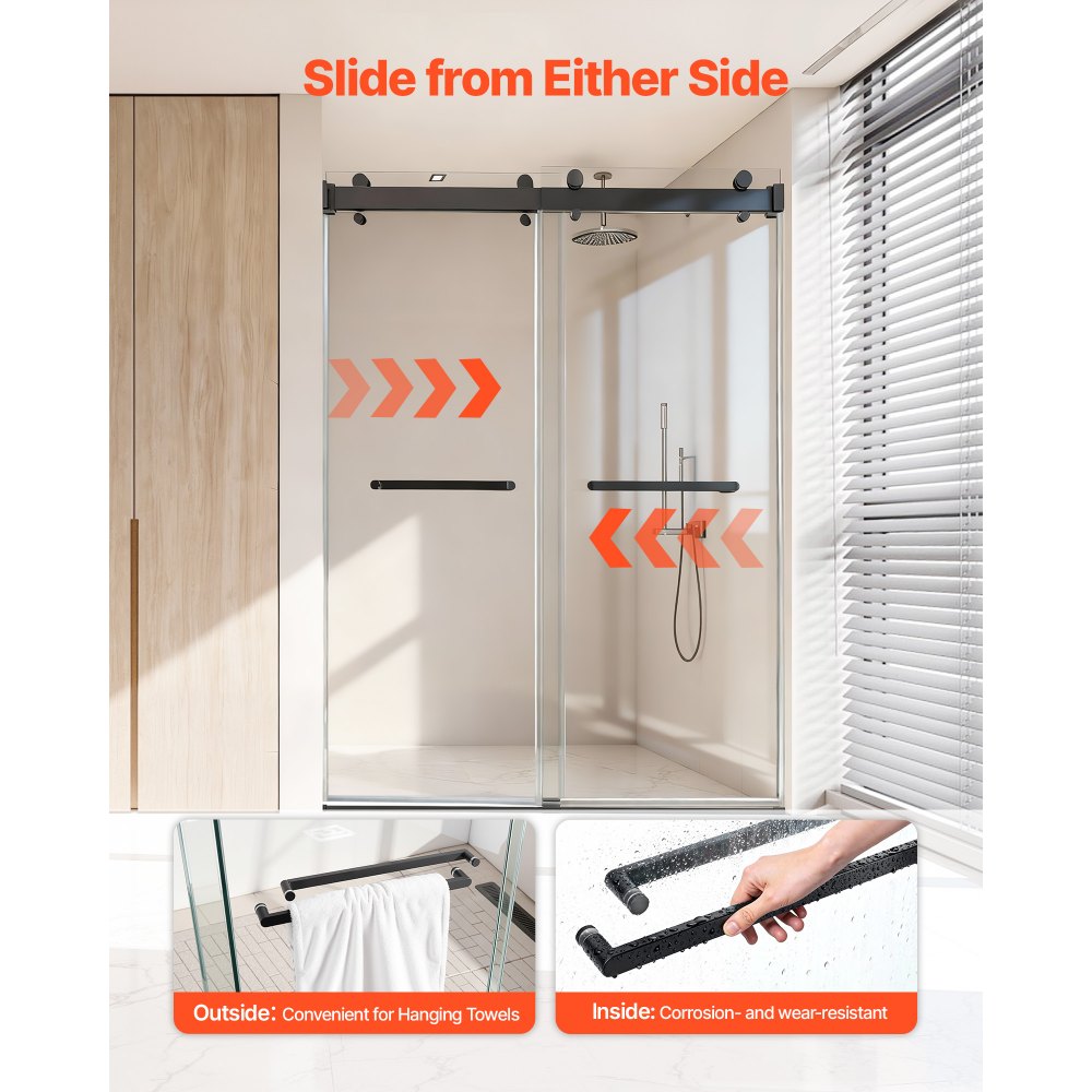 VEVOR Porta Doccia Scorrevole in Vetro, Porta Scorrevole per Box Doccia con 2 Ante in Vetro Trasparente Temperato Spessore 10 mm, Rivestimento Nano Anticalcare con Binario Silenzioso, 1219mm x 1930mm