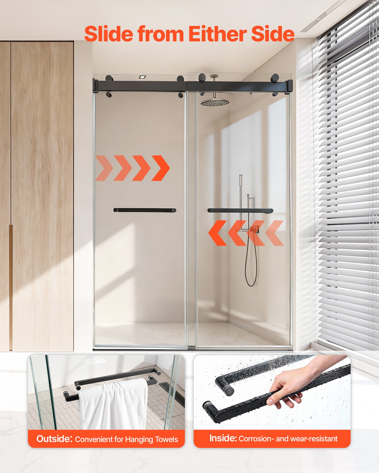 VEVOR Porta Doccia Scorrevole in Vetro, Porta Scorrevole per Box Doccia con 2 Ante in Vetro Trasparente Temperato Spessore 10 mm, Rivestimento Nano Anticalcare con Binario Silenzioso, 1219mm x 1930mm