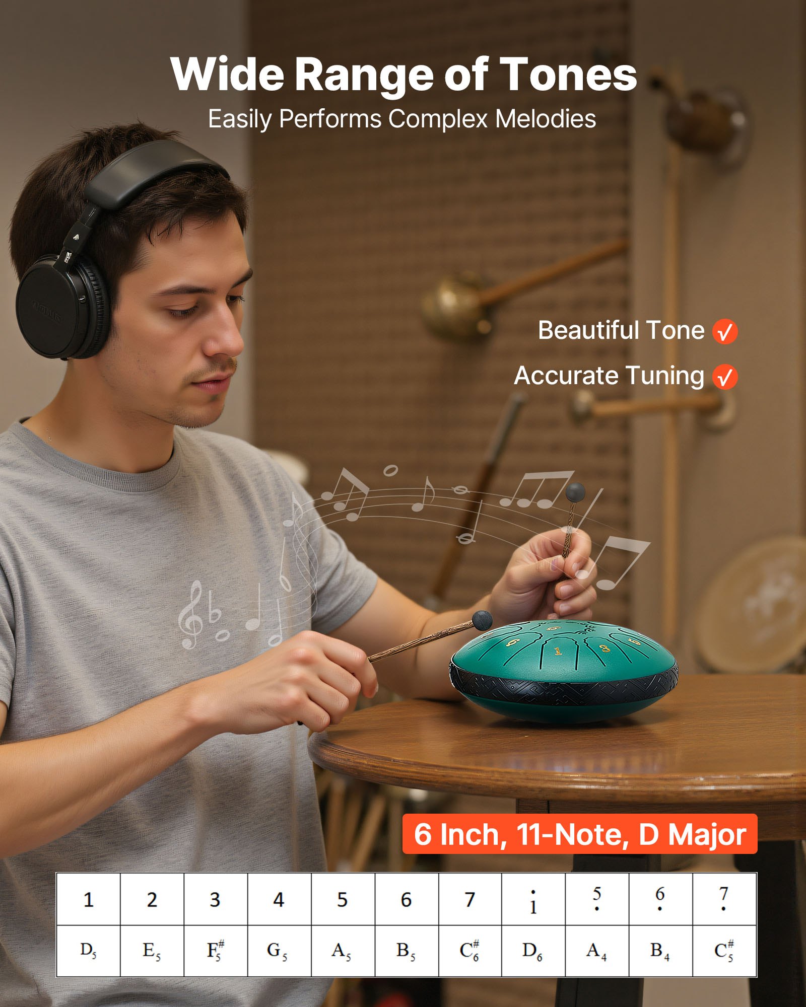 VEVOR Tamburo a Lingua d'Acciaio, Tamburo a Pioggia da 152,4 mm e 11 Note per Giardino Esterno, Tamburi Musicali in Re Maggiore con Libro di Musica e Bacchette, Strumento a Percussione, Verde