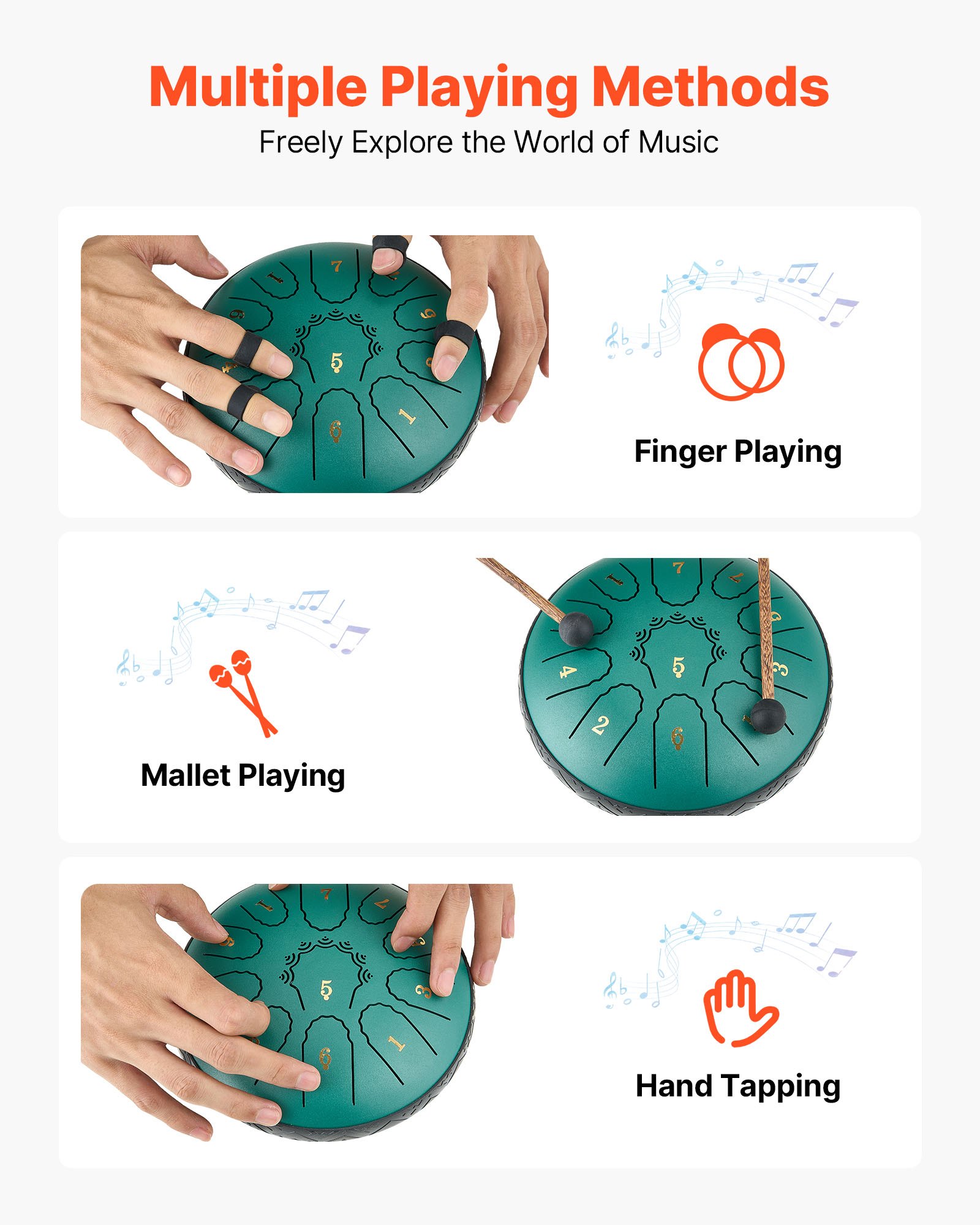 VEVOR Tamburo a Lingua d'Acciaio, Tamburo a Pioggia da 152,4 mm e 11 Note per Giardino Esterno, Tamburi Musicali in Re Maggiore con Libro di Musica e Bacchette, Strumento a Percussione, Verde