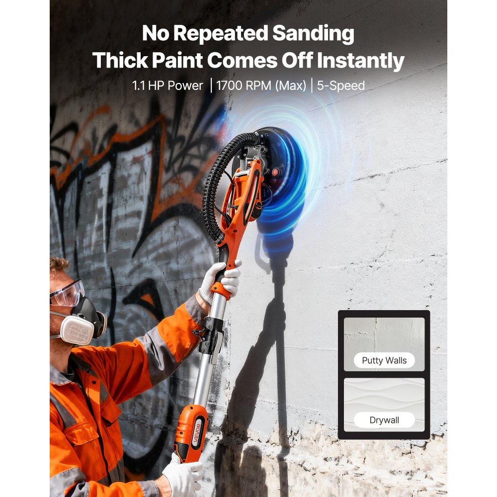 VEVOR Levigatrice Cartongesso per Pareti Levigatrice Elettrica a Disco per Cartongesso 850 W, Strumento per Levigatura Soffitti Pareti 5 Velocità Variabili 800-1700 giri/min, Manico Estensibile