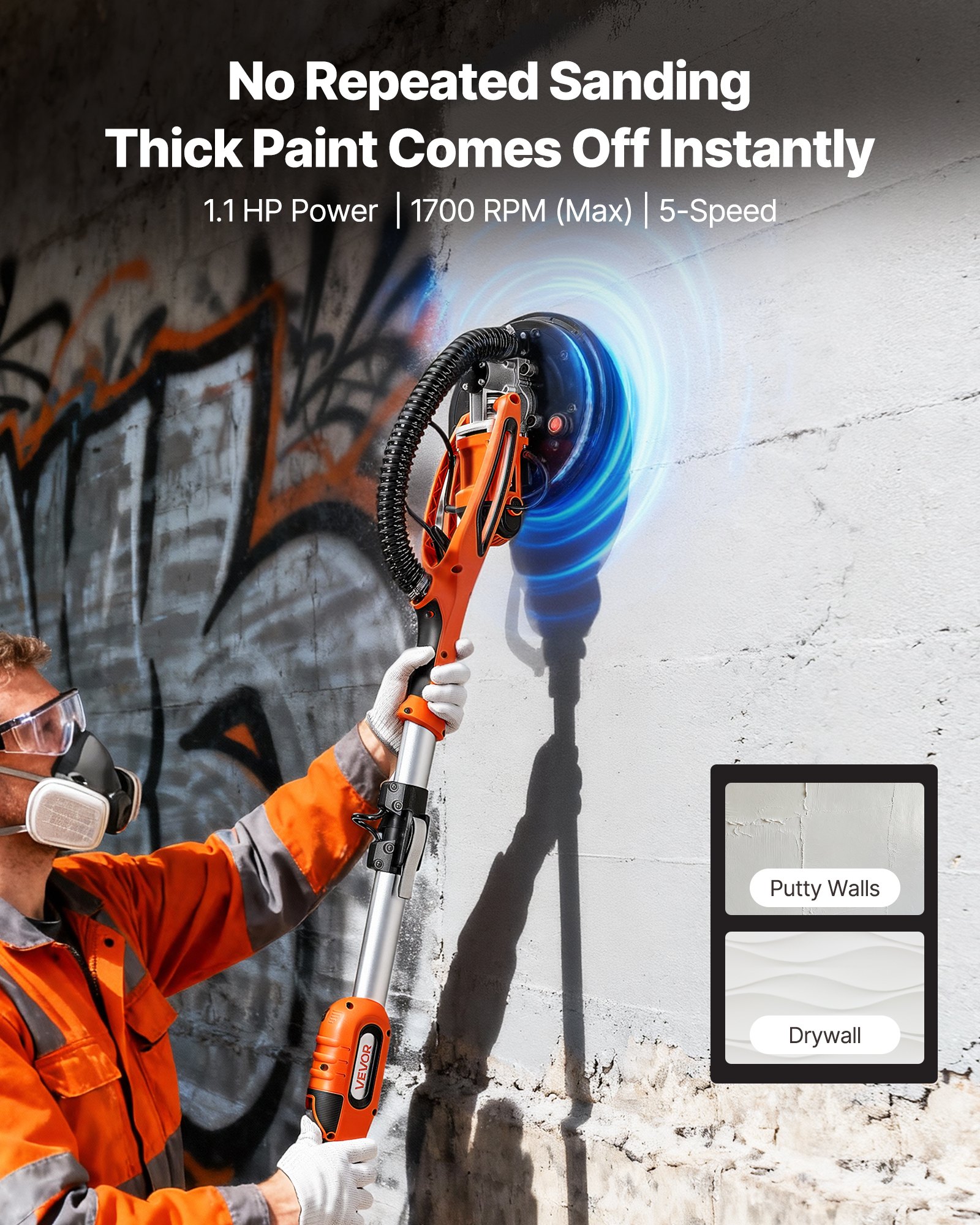 VEVOR Levigatrice Cartongesso per Pareti Levigatrice Elettrica a Disco per Cartongesso 850 W, Strumento per Levigatura Soffitti Pareti 5 Velocità Variabili 800-1700 giri/min, Manico Estensibile