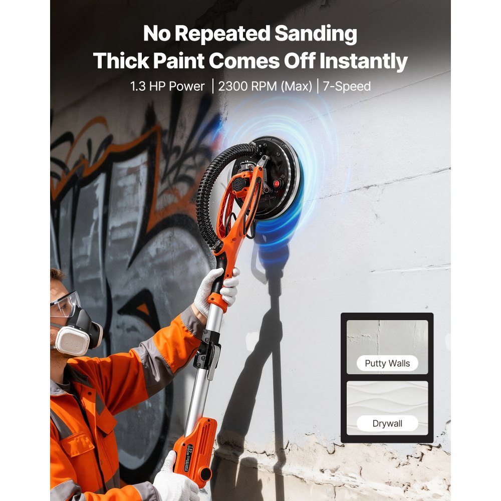 VEVOR Levigatrice Cartongesso per Pareti a Disco, Levigatrice Elettrica per Cartongesso da 950 W, 7 Velocità Regolabili 1000-2300 giri/min, Luce LED, Manico Pieghevole Estensibile 15 Dischi Abrasivi