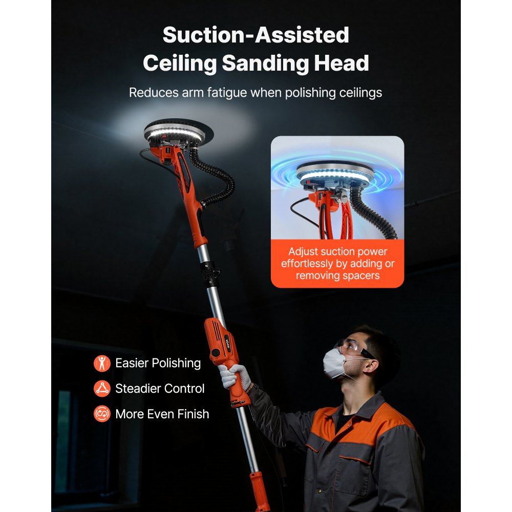 VEVOR Levigatrice Cartongesso per Pareti a Disco, Levigatrice Elettrica per Cartongesso da 950 W, 7 Velocità Regolabili 1000-2300 giri/min, Luce LED, Manico Pieghevole Estensibile 15 Dischi Abrasivi