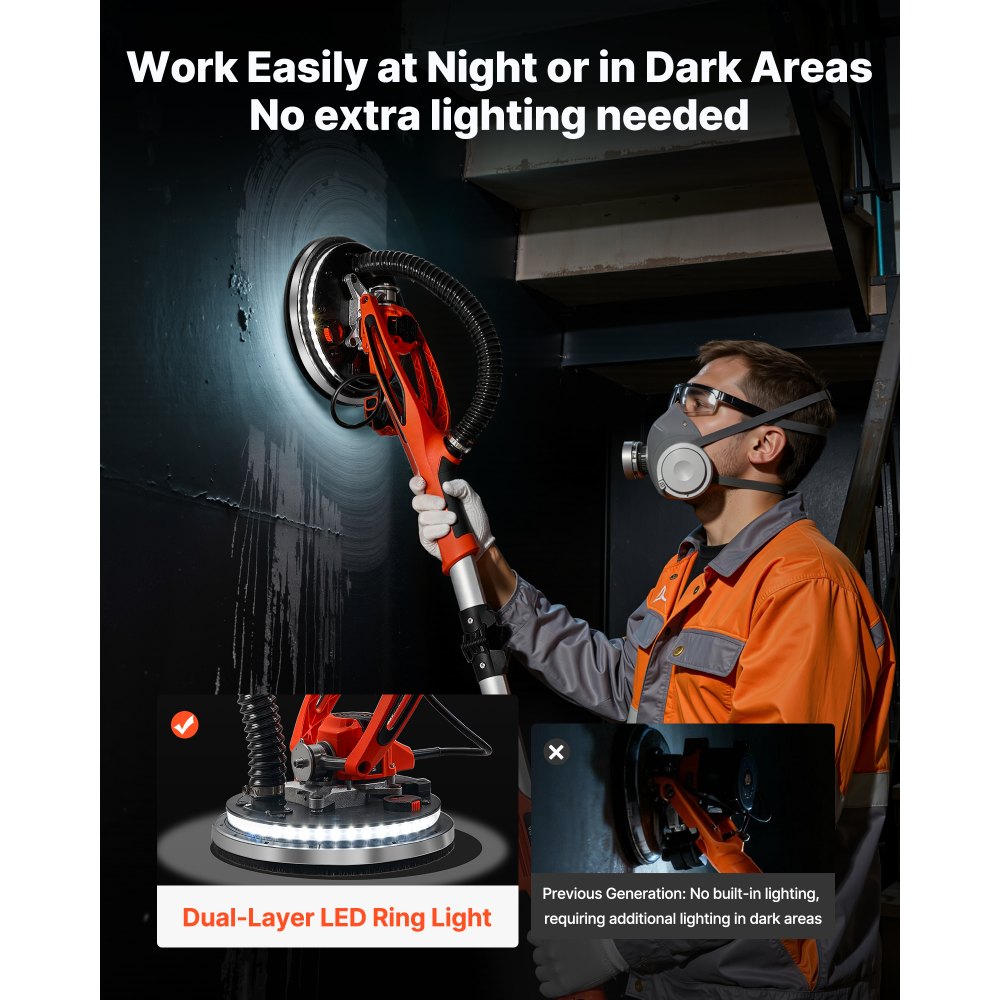 VEVOR Levigatrice Cartongesso per Pareti a Disco, Levigatrice Elettrica per Cartongesso da 950 W, 7 Velocità Regolabili 1000-2300 giri/min, Luce LED, Manico Pieghevole Estensibile 15 Dischi Abrasivi