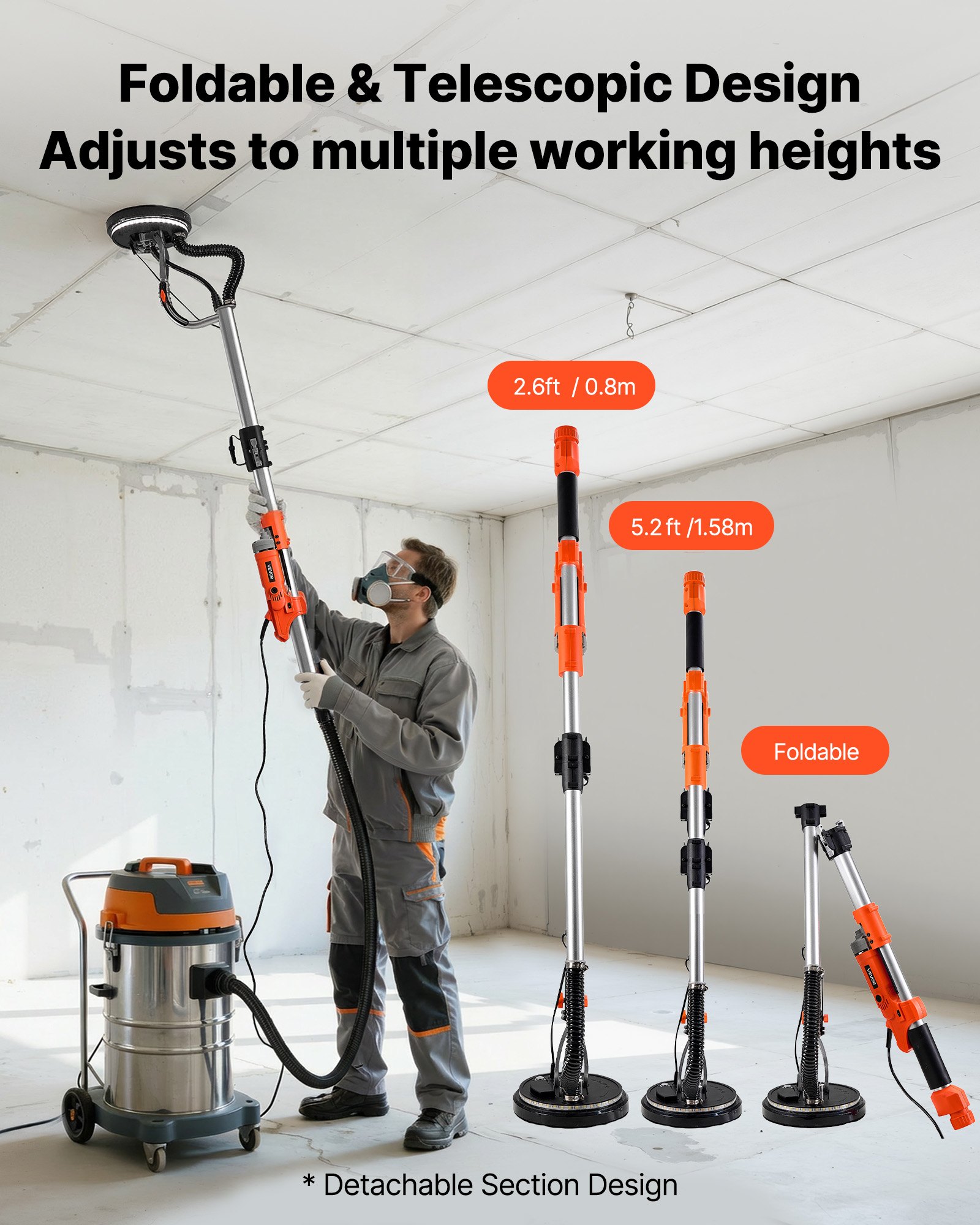 VEVOR Drywall Sander, 1010W Electric Drywall Sander, Popcorn Ceiling Removal Tool with 7 Variable Speed 1000-2200 RPM, Double-Deck LED Light, Foldable & Extendable Handle, 15 Sanding Discs, Dust Hose