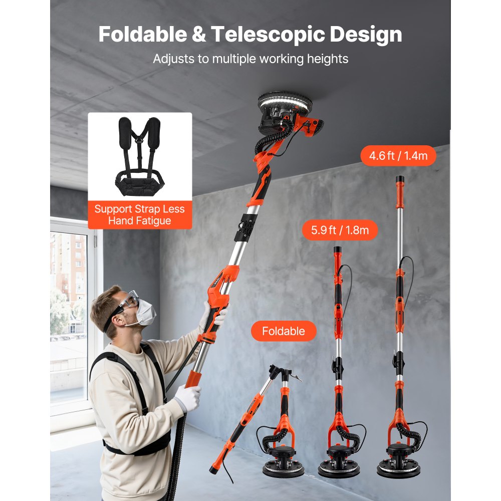 VEVOR Drywall Sander, 1150W Electric Drywall Sander, Popcorn Ceiling Removal Tool with Vacuum Dust Collection, 5 Variable Speed 800-1700 RPM, LED Light, Foldable & Extendable Handle, 15 Sanding Discs