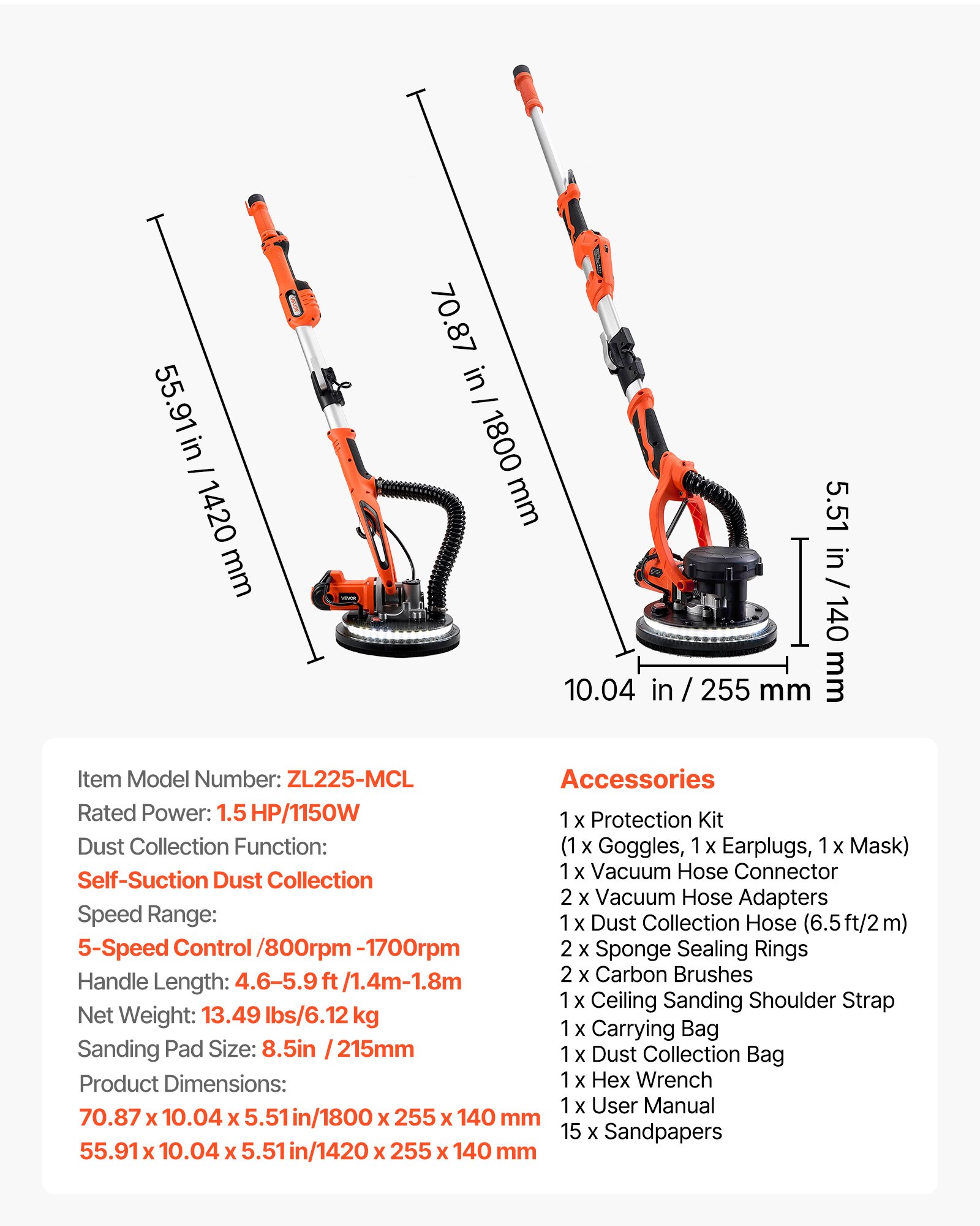 VEVOR Drywall Sander, 1150W Electric Drywall Sander, Popcorn Ceiling Removal Tool with Vacuum Dust Collection, 5 Variable Speed 800-1700 RPM, LED Light, Foldable & Extendable Handle, 15 Sanding Discs