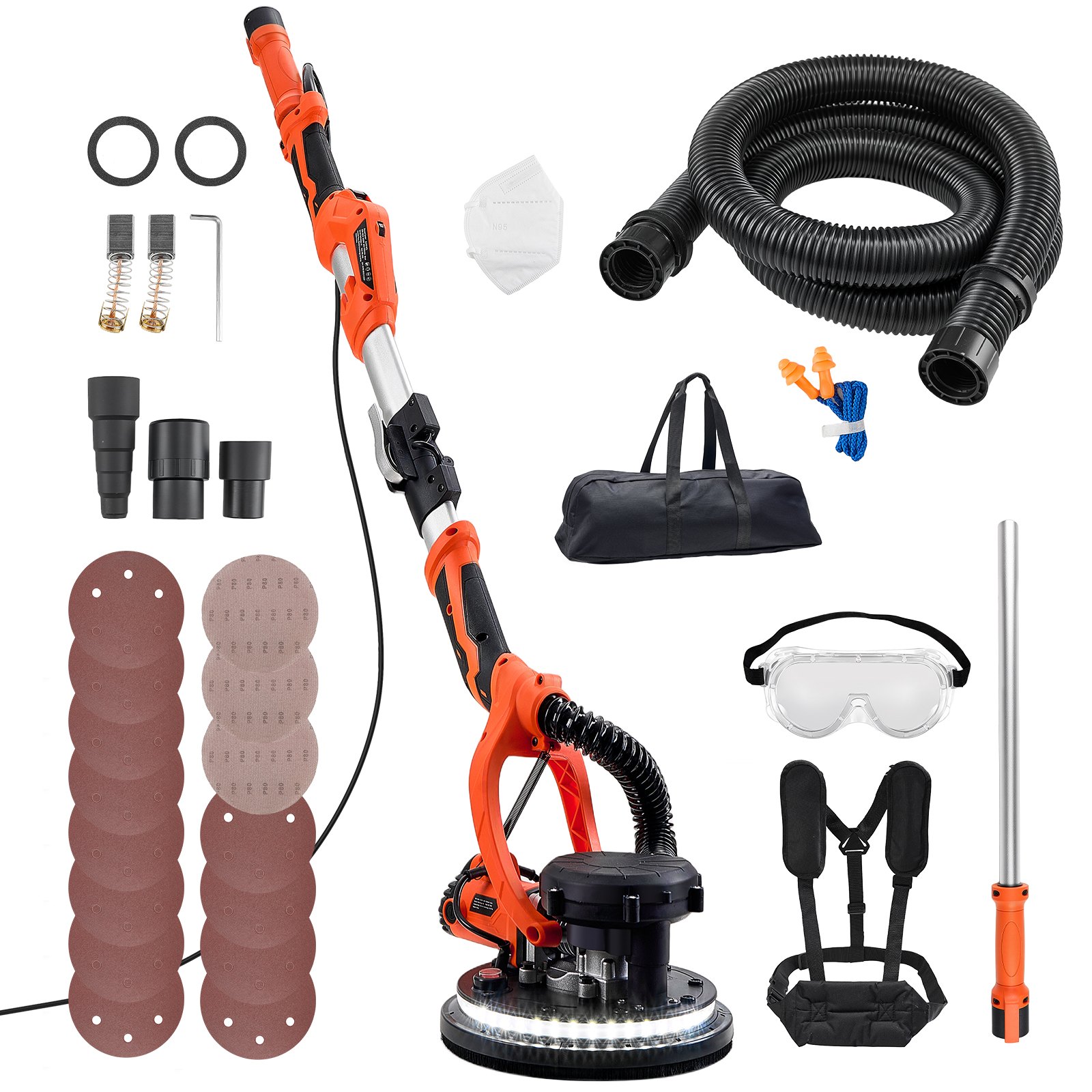 VEVOR Drywall Sander, 1150W Electric Drywall Sander, Popcorn Ceiling Removal Tool with Vacuum Dust Collection, 5 Variable Speed 800-1700 RPM, LED Light, Foldable & Extendable Handle, 15 Sanding Discs