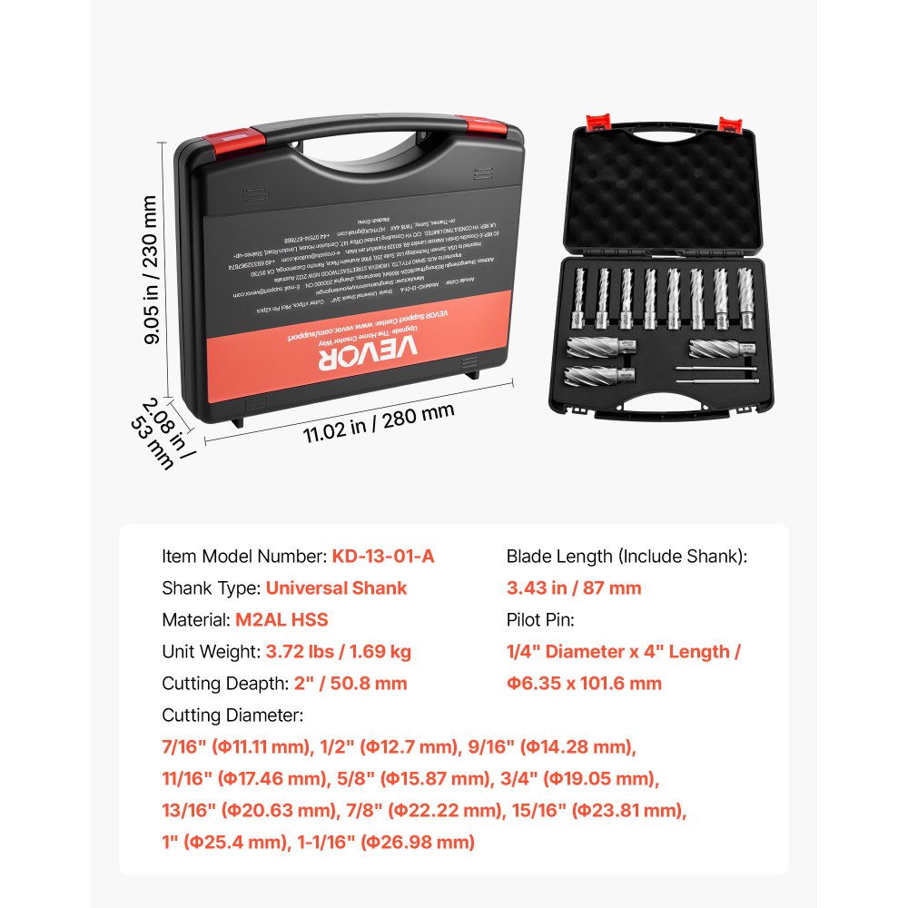 VEVOR Set di Punte per Trapano Magnetiche HSS 13 pezzi, Kit Punte per Avviatore Diametro di Taglio 11,11-26,98 mm, 11 Punte per Trapano di Foratura 2 Perni di Centraggio, Profondità di Taglio 50,8 mm