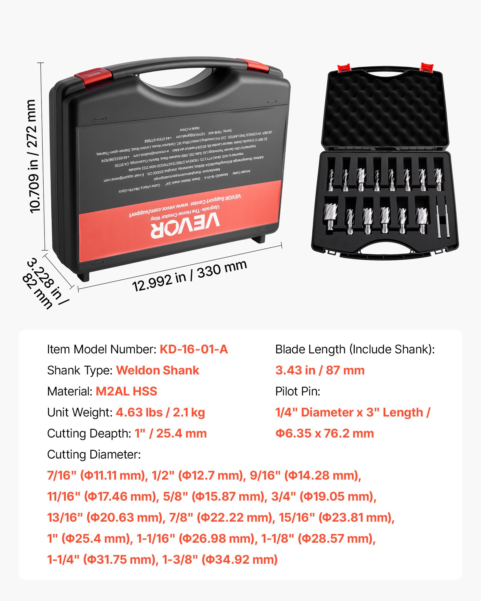 VEVOR Set di Punte per Trapano Magnetiche HSS 16 pezzi, Kit Punte per Avviatore Diametro di Taglio 11,11-34,92 mm, 14 Punte per Trapano di Foratura 2 Perni di Centraggio, Profondità di Taglio 25,4 mm