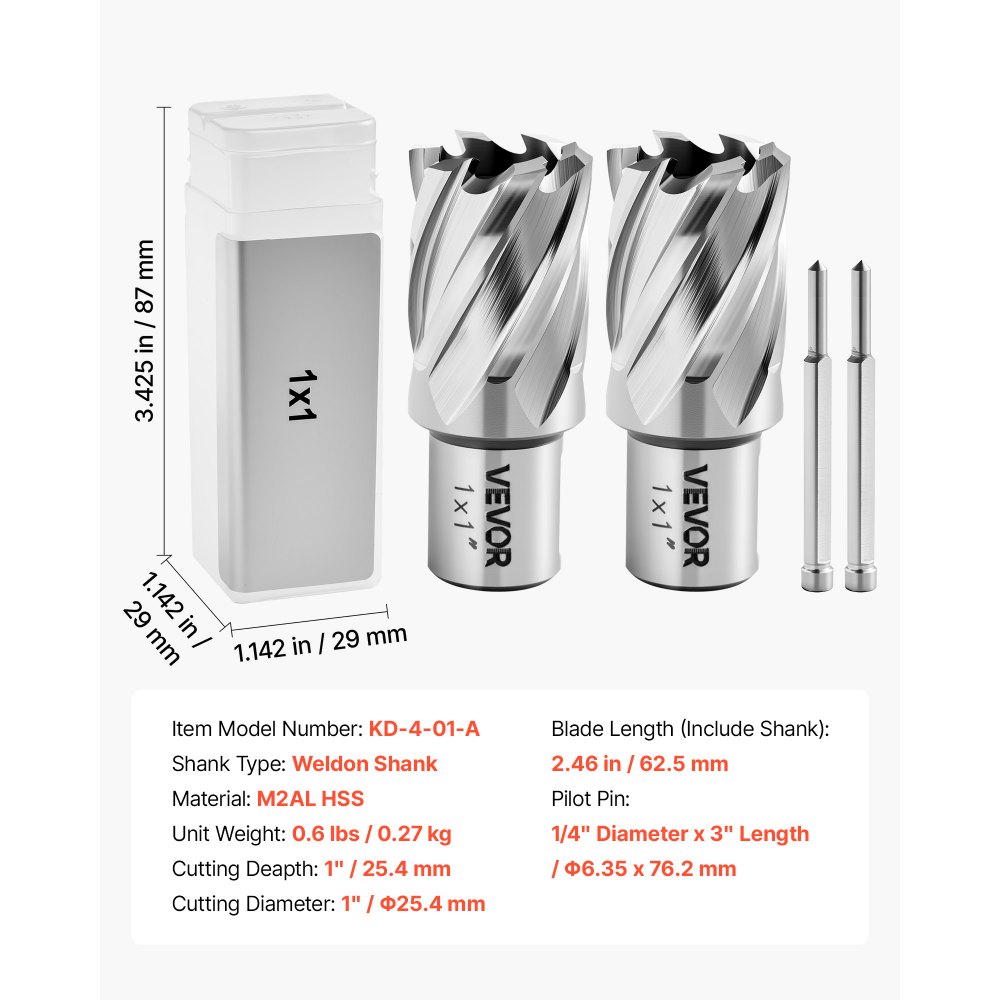 VEVOR Set di Punte per Trapano a Corona HSS 4 pezzi, Set Punte per Albero di Trapano Magnetico Diametro di Taglio 25,4 mm con 2 Perni di Centraggio Profondità di Taglio 25,4 mm Acciaio Rapido M2AL