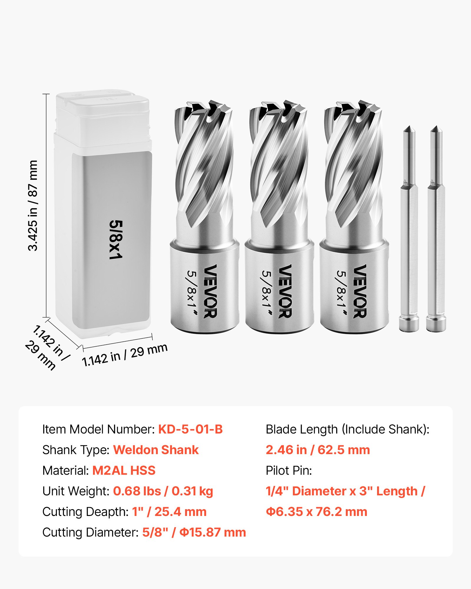 VEVOR Set di Punte per Trapano HSS 5 pezzi, Set Punte per Albero di Trapano Magnetico Diametro di Taglio 15,9 mm con 2 Perni di Centraggio Profondità di Taglio 25,4 mm Acciaio Rapido M2AL