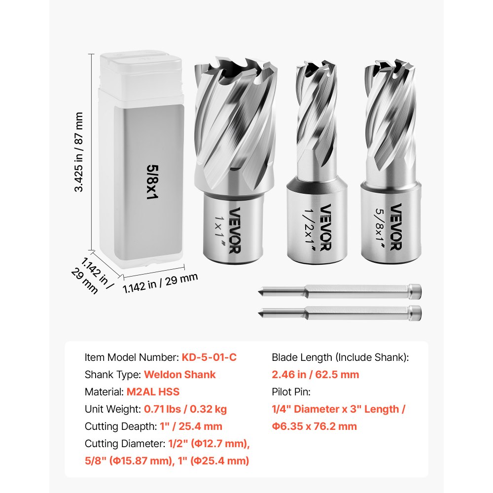 VEVOR Set di Punte per Trapano HSS 5 pezzi, Set Punte per Albero di Trapano Magnetico Diametro di Taglio 12,7/15,87/25,4 mm con 2 Perni di Centraggio Profondità di Taglio 25,4 mm, Scatole di Plastica