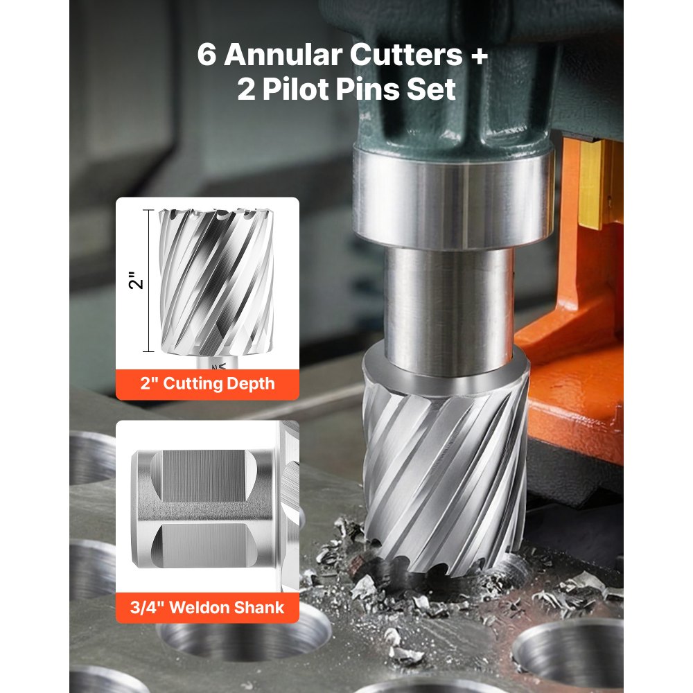 VEVOR Set di Punte per Trapano Magnetiche HSS 8 pezzi, Kit Punte per Avviatore Diametro di Taglio 22,22-50,8 mm, 6 Punte per Trapano di Foratura 2 Perni di Centraggio, Custodia per Trasporto