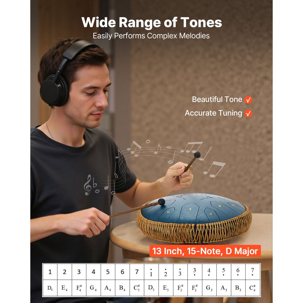 VEVOR Tamburo a Lingua d'Acciaio, Tamburo a Pioggia da 330 mm e 15 Note per Giardino Esterno, Tamburi Musicali in Do Maggiore con Libro di Musica e Bacchette, Strumento a Percussione, Blu Navy