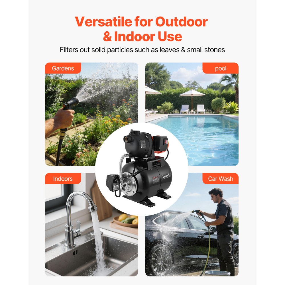 VEVOR Pompa per Pozzi Senza Filtro 800 W, Pompa per Pozzi Poco Profondi con Serbatoio a Pressione 19 Litri Irrigazione da Giardino Testa in Plastica Flusso max 5000 L/h, Protezione da Sovraccarico