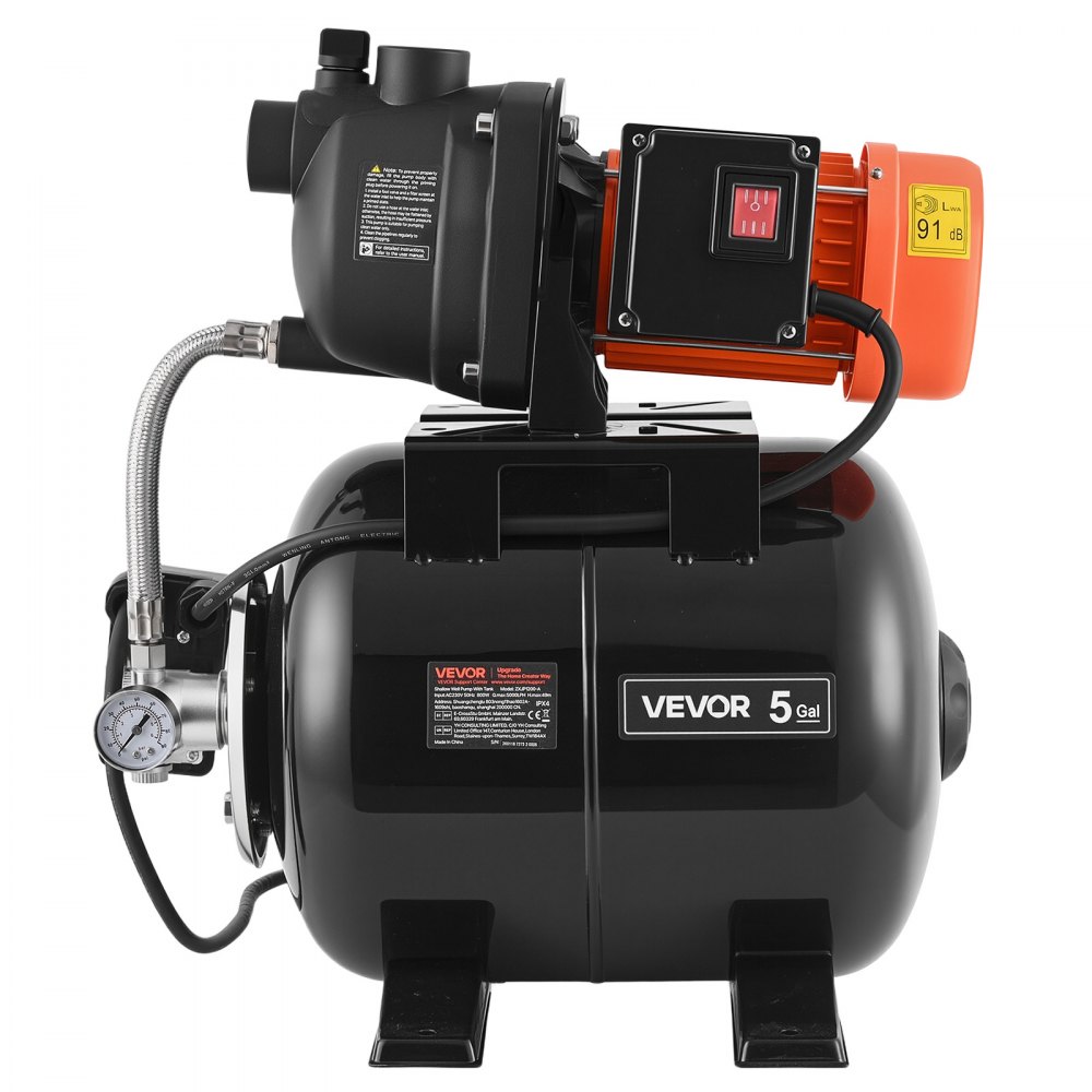 VEVOR Pompa per Pozzi Senza Filtro 800 W, Pompa per Pozzi Poco Profondi con Serbatoio a Pressione 19 Litri Irrigazione da Giardino Testa in Plastica Flusso max 5000 L/h, Protezione da Sovraccarico