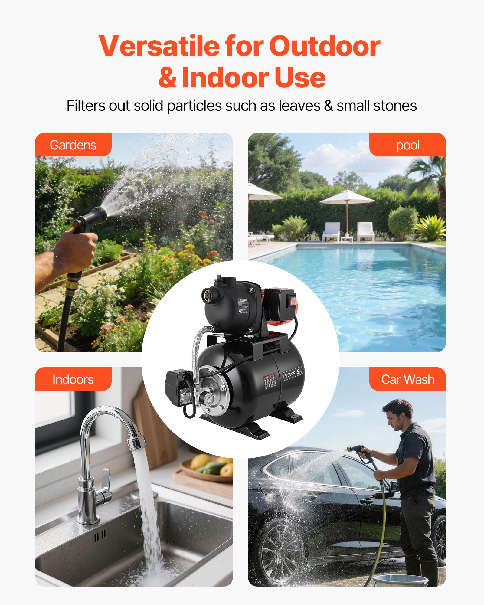 VEVOR Pompa per Pozzi Senza Filtro 800 W, Pompa per Pozzi Poco Profondi con Serbatoio a Pressione 19 Litri Irrigazione da Giardino Testa in Plastica Flusso max 5000 L/h, Protezione da Sovraccarico