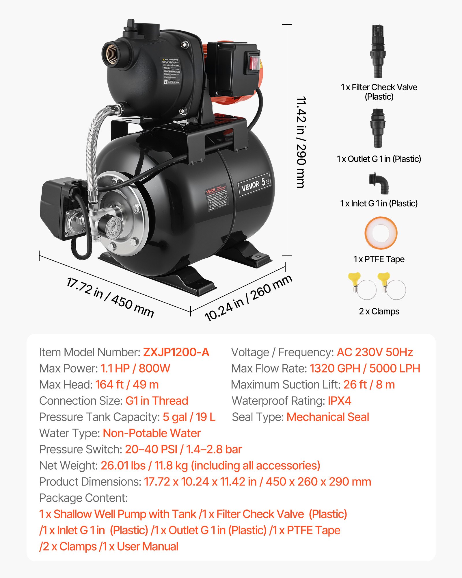 VEVOR Pompa per Pozzi Senza Filtro 800 W, Pompa per Pozzi Poco Profondi con Serbatoio a Pressione 19 Litri Irrigazione da Giardino Testa in Plastica Flusso max 5000 L/h, Protezione da Sovraccarico
