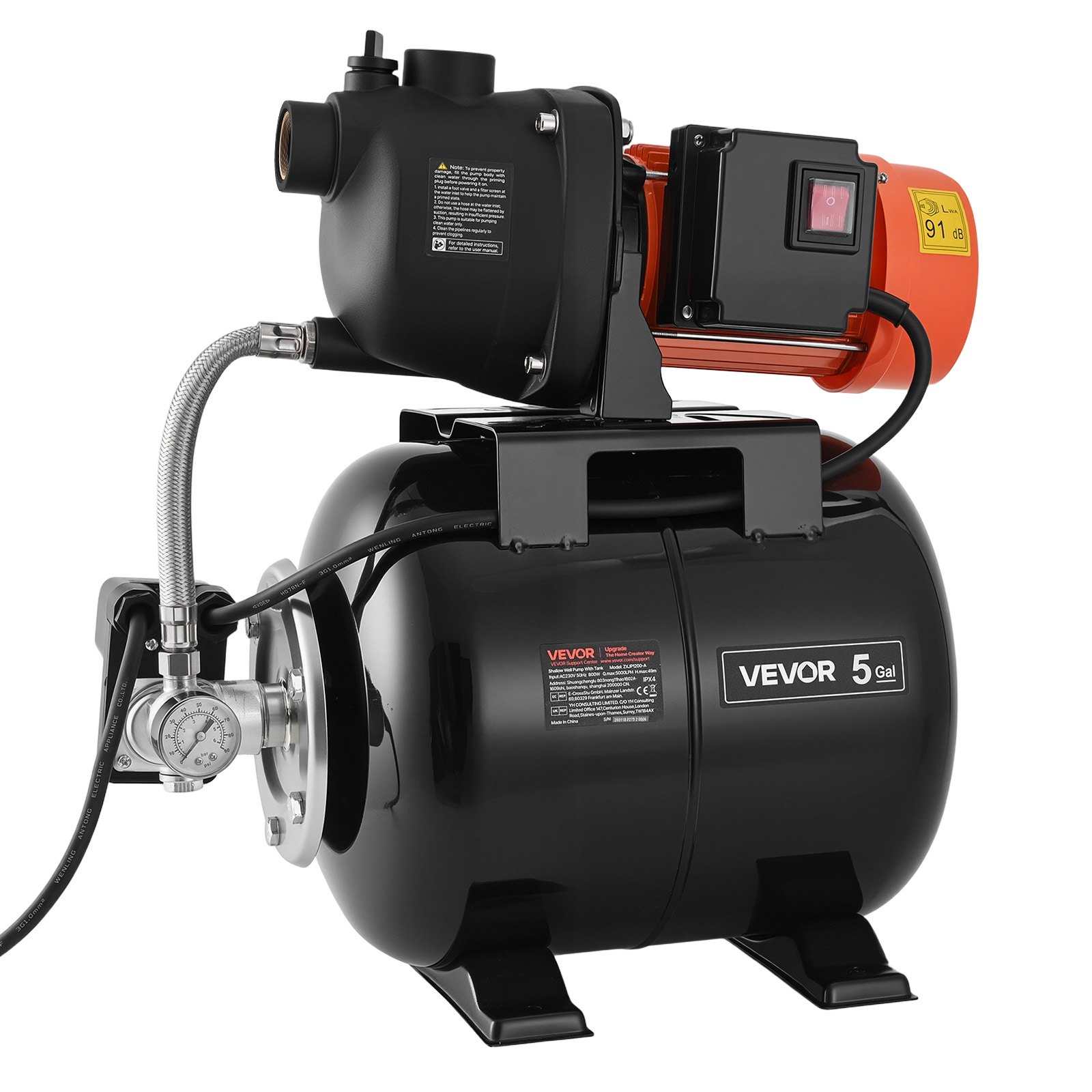 VEVOR Pompa per Pozzi Senza Filtro 800 W, Pompa per Pozzi Poco Profondi con Serbatoio a Pressione 19 Litri Irrigazione da Giardino Testa in Plastica Flusso max 5000 L/h, Protezione da Sovraccarico