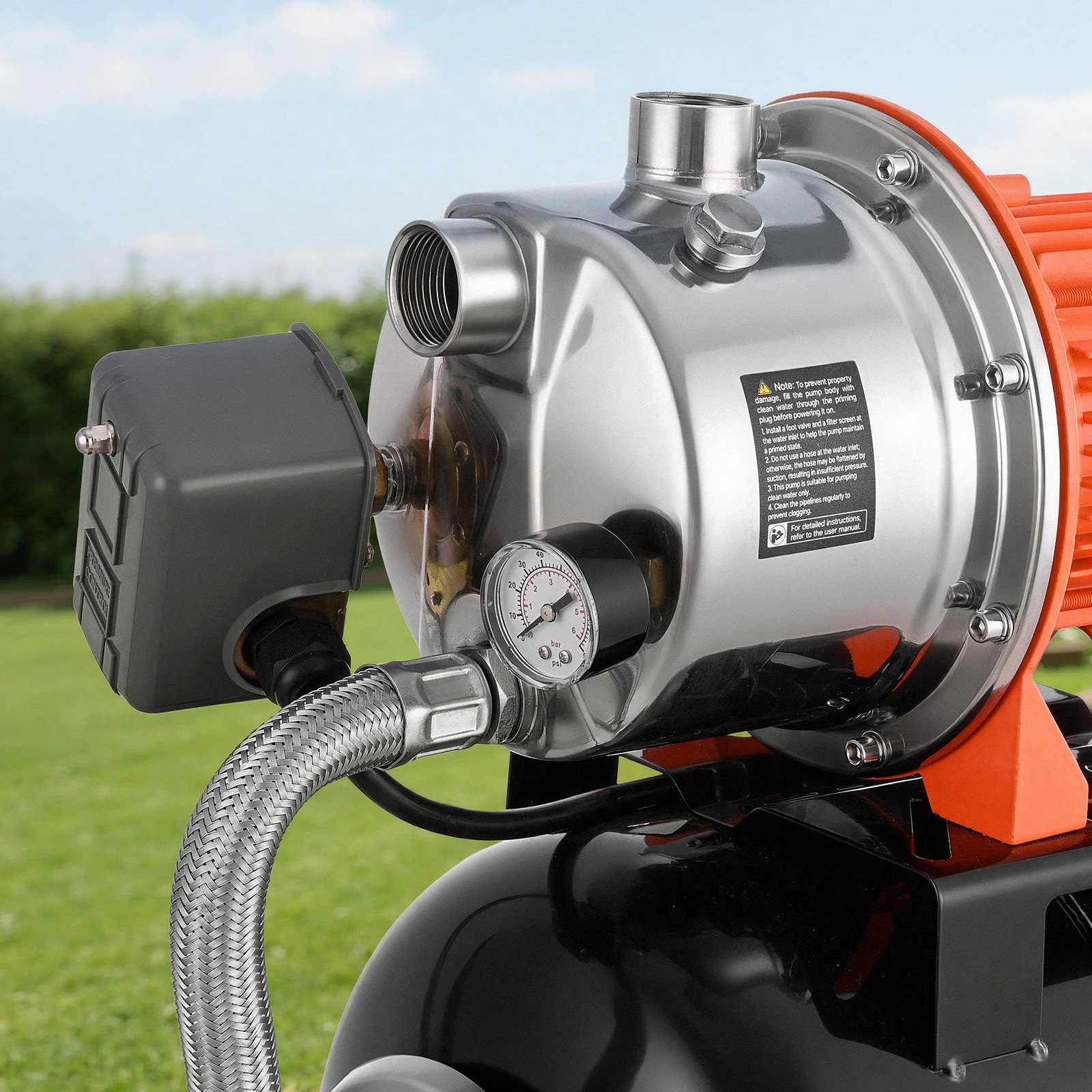 VEVOR Pompa per Pozzi Poco Profondi 1176W Serbatoio a Pressione 19 Litri Sistema Sovralimentazione, Portata max 5000 L/h, Testa in Acciaio Inox 304, con Booster Automatico, Pressostato 1,4-2,8 Bar