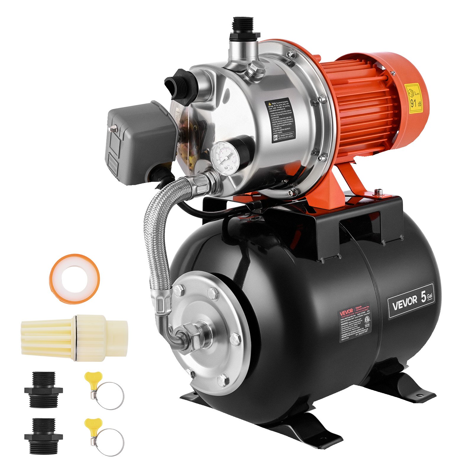 VEVOR Pompa per Pozzi Poco Profondi 1176W Serbatoio a Pressione 19 Litri Sistema Sovralimentazione, Portata max 5000 L/h, Testa in Acciaio Inox 304, con Booster Automatico, Pressostato 1,4-2,8 Bar
