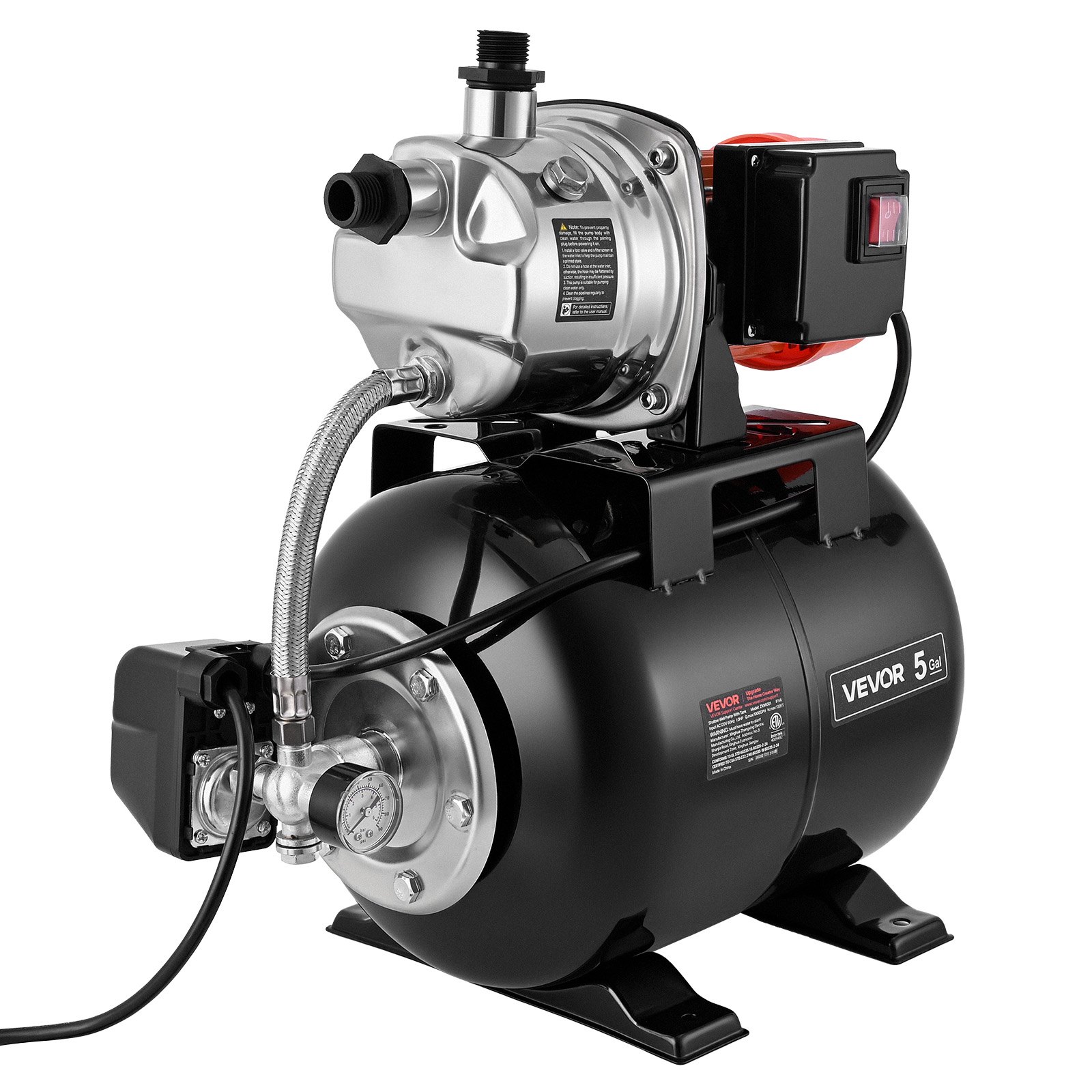 VEVOR Pompa per Pozzi Poco Profondi 735 W Serbatoio a Pressione 19 Litri Sistema Sovralimentazione, Portata max 3750 L/h, Testa in Acciaio Inox 304, con Booster Automatico, Pressostato 1,4-2,8 Bar