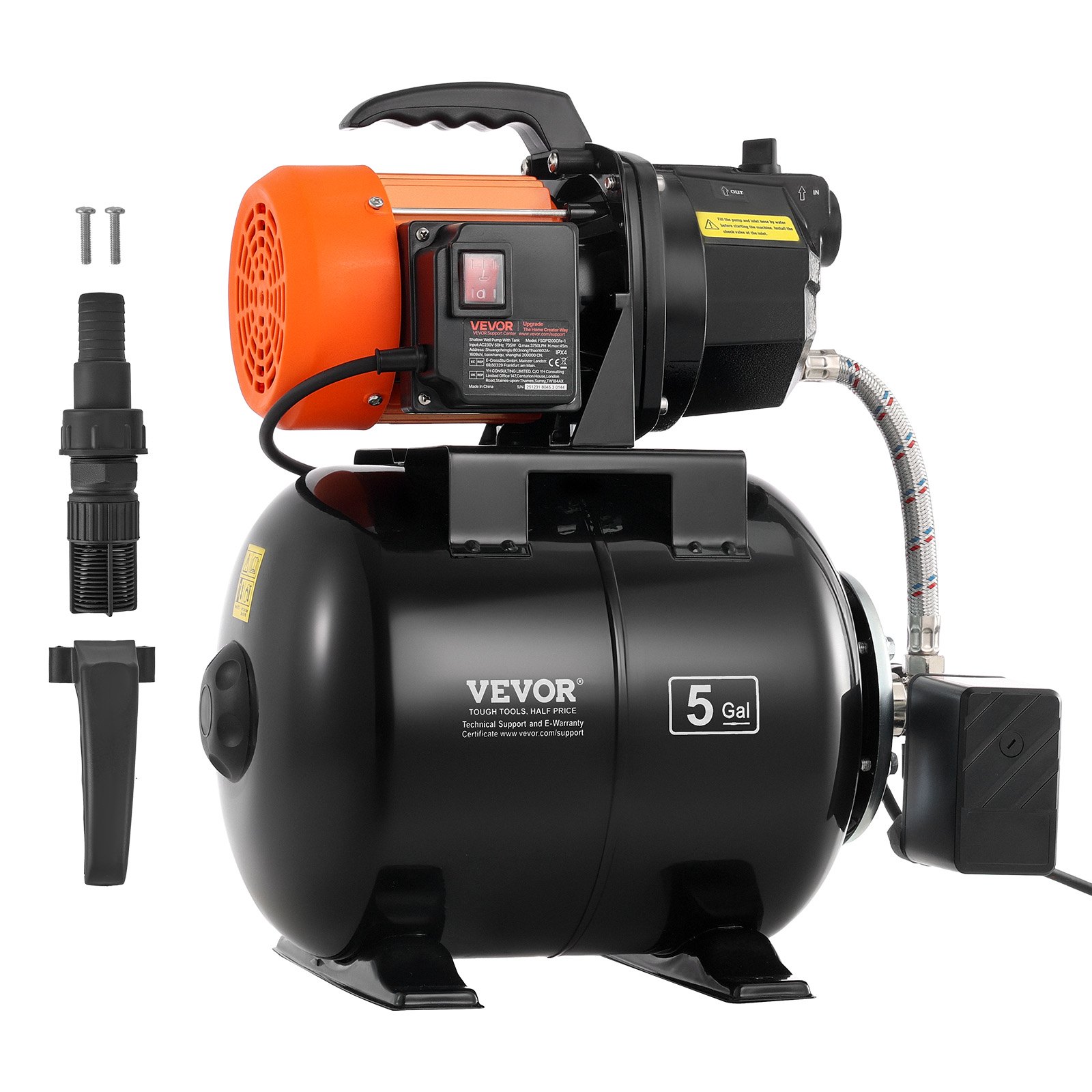 VEVOR 1 HP Shallow Well Pump with Pressure Tank, 230V 3750 LPH, Cast Iron Irrigation Jet Pump with 19 L Tank, Automatic Water Booster Transfer System, 1.4-2.8 bar Pressure Switch, for Home Garden Lawn