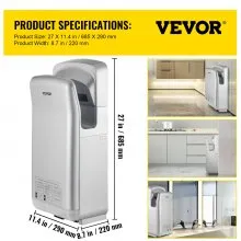 VEVOR Asciugamani Elettrico Verticale da 2000 W, Asciugamani Automatico Elettrico con Filtrazione HEPA, Asciugamani ad Aria Calda a Temperatura 43℃ in Argento per Asciugare le Mani