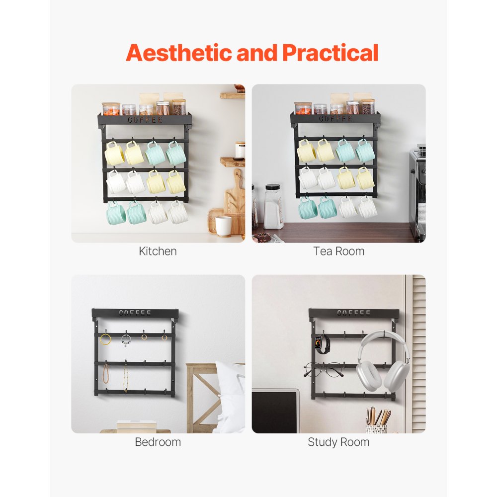 VEVOR Portabicchieri da Parete, 12 Ganci Mobili, Portatazze in Acciaio al Carbonio con Ripiano Superiore, Accessori per Bar e Organizzatore, Espositore per Tazze per Cucina Domestica, Nero Opaco