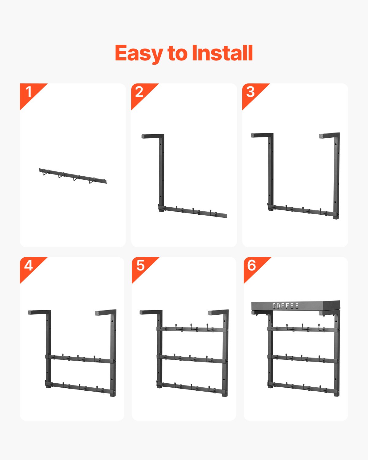 VEVOR Portabicchieri da Parete, 12 Ganci Mobili, Portatazze in Acciaio al Carbonio con Ripiano Superiore, Accessori per Bar e Organizzatore, Espositore per Tazze per Cucina Domestica, Nero Opaco