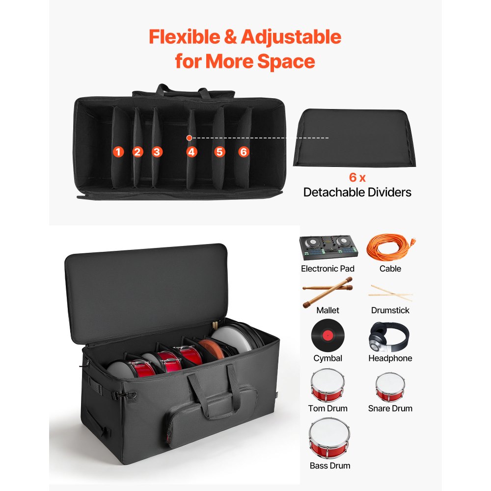 VEVOR Borsa per Batteria Elettronica in 600D, Borsa Imbottita con Ruote, Grande 91,4 x 42,1 x 41,9 cm di Interno, Custodia da Viaggio Leggera con Divisori Rimovibili, Tasche Multiple, Nero