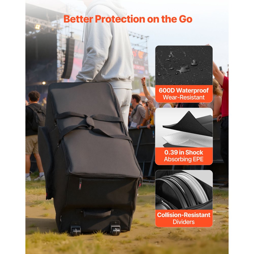 VEVOR Borsa per Batteria Elettronica in 600D, Borsa Imbottita con Ruote, Grande 91,4 x 42,1 x 41,9 cm di Interno, Custodia da Viaggio Leggera con Divisori Rimovibili, Tasche Multiple, Nero