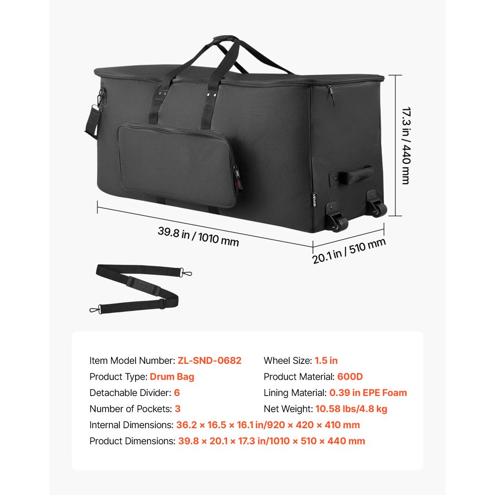 VEVOR Borsa per Batteria Elettronica in 600D, Borsa Imbottita con Ruote, Grande 91,4 x 42,1 x 41,9 cm di Interno, Custodia da Viaggio Leggera con Divisori Rimovibili, Tasche Multiple, Nero