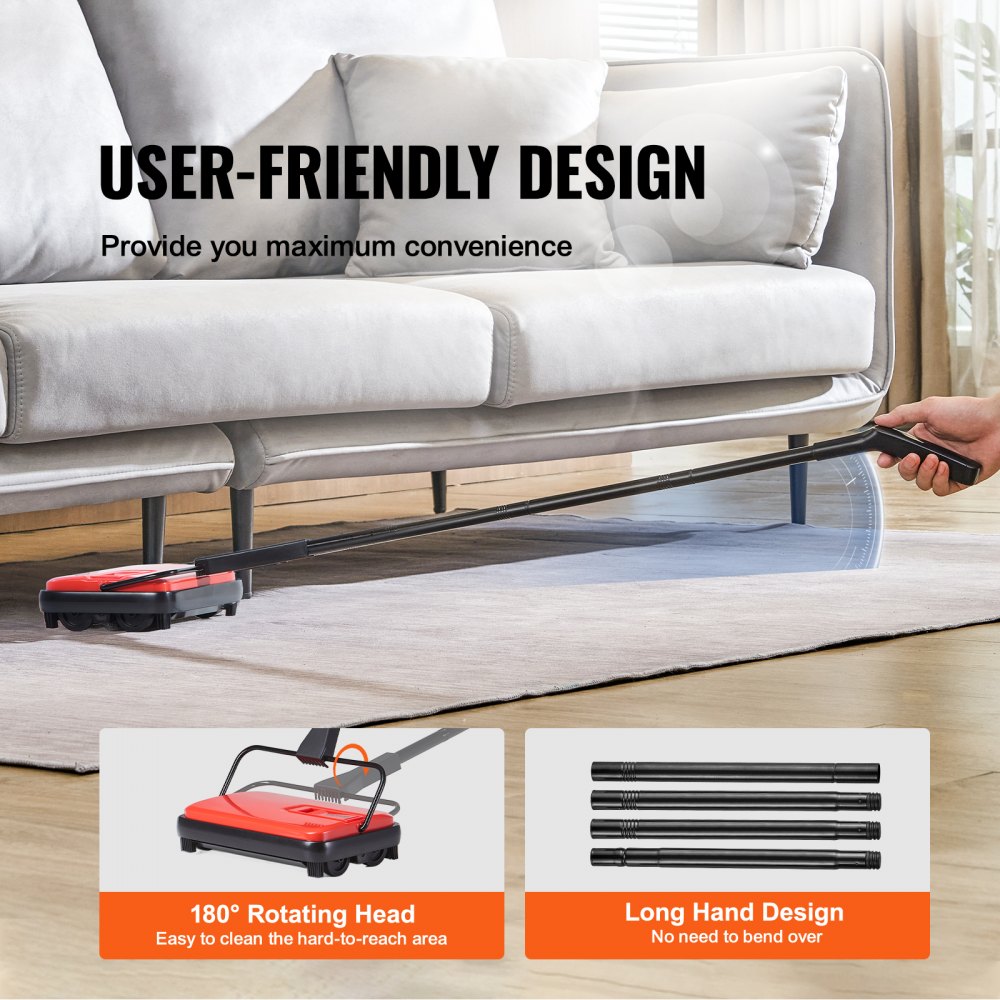 VEVOR Manual Carpet Sweeper, Floor Sweeper with 300 ml Dust Container Capacity, 17 cm Cleaning Width, Sweeper for Home Office Carpets, Pet Hair, Dust, Carpet Cleaning, Red