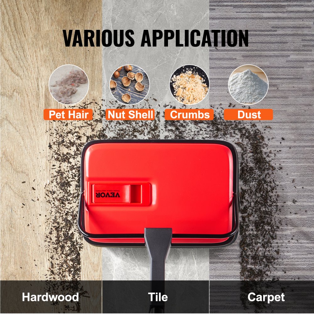 VEVOR Manual Carpet Sweeper, Floor Sweeper with 300 ml Dust Container Capacity, 17 cm Cleaning Width, Sweeper for Home Office Carpets, Pet Hair, Dust, Carpet Cleaning, Red