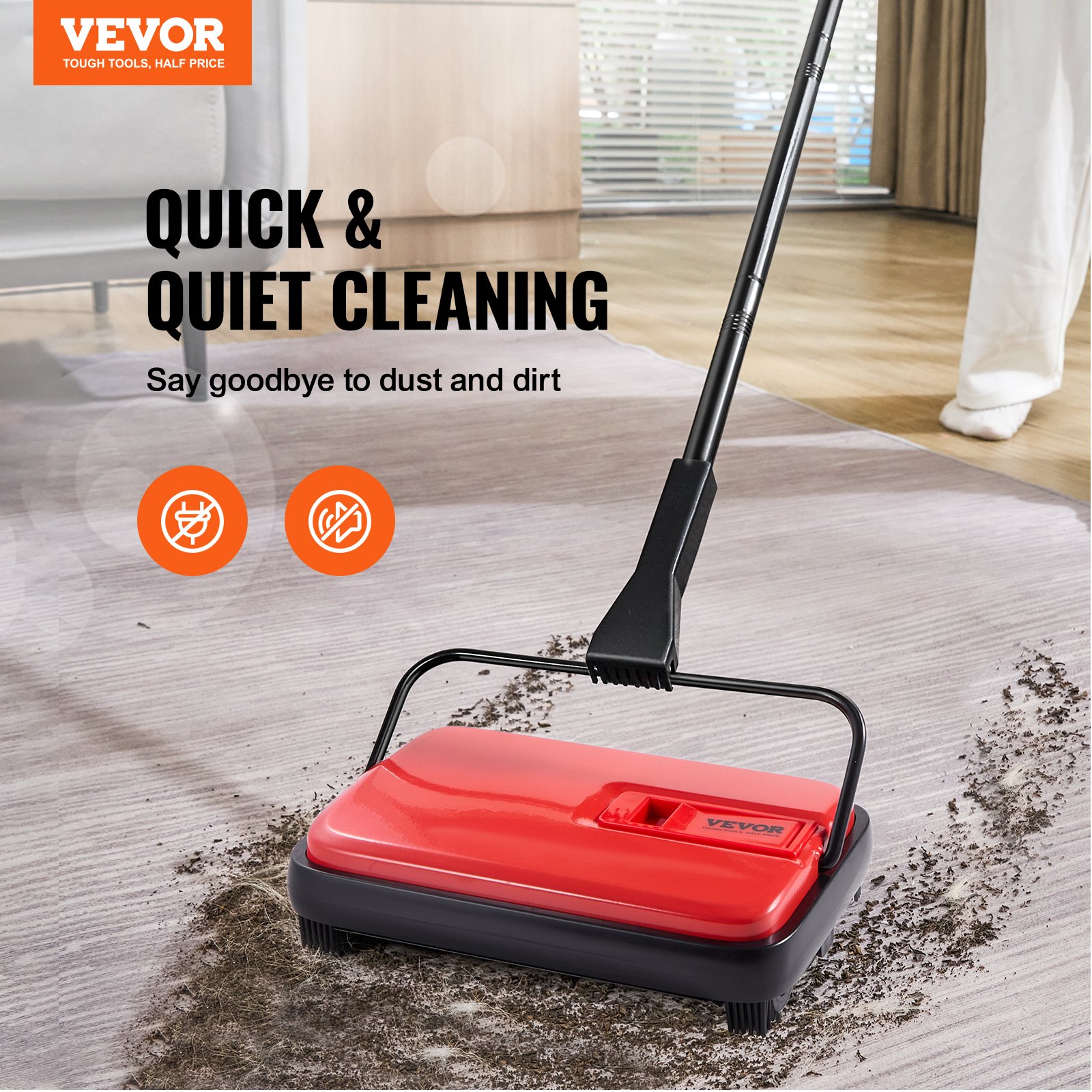 VEVOR Manual Carpet Sweeper, Floor Sweeper with 300 ml Dust Container Capacity, 17 cm Cleaning Width, Sweeper for Home Office Carpets, Pet Hair, Dust, Carpet Cleaning, Red