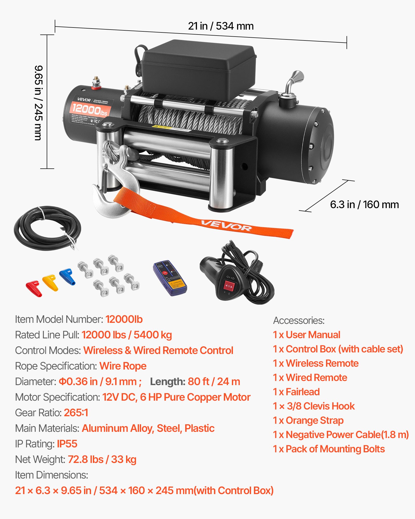 VEVOR Verricello Elettrico, Carico 5400 kg, per Camion 12 V CC con Fune in Acciaio Φ9,1 mm x 24 m, Telecomando Wireless e Cablato, IP55 Impermeabile per il Traino di SUV, Jeep, Rimorchi, Barche