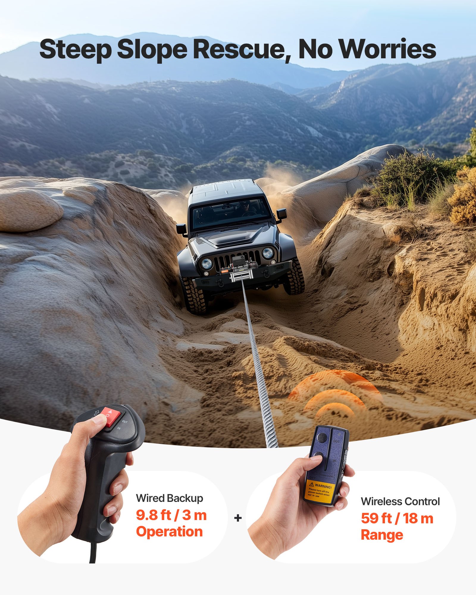 VEVOR Verricello Elettrico Carico di 5400 kg Verricello per Camion 12 V CC con Fune in Acciaio 9,1 mm x 26 m, Telecomando Wireless e Cablato, Adatto per il Traino di SUV, Jeep, Rimorchi, Barche