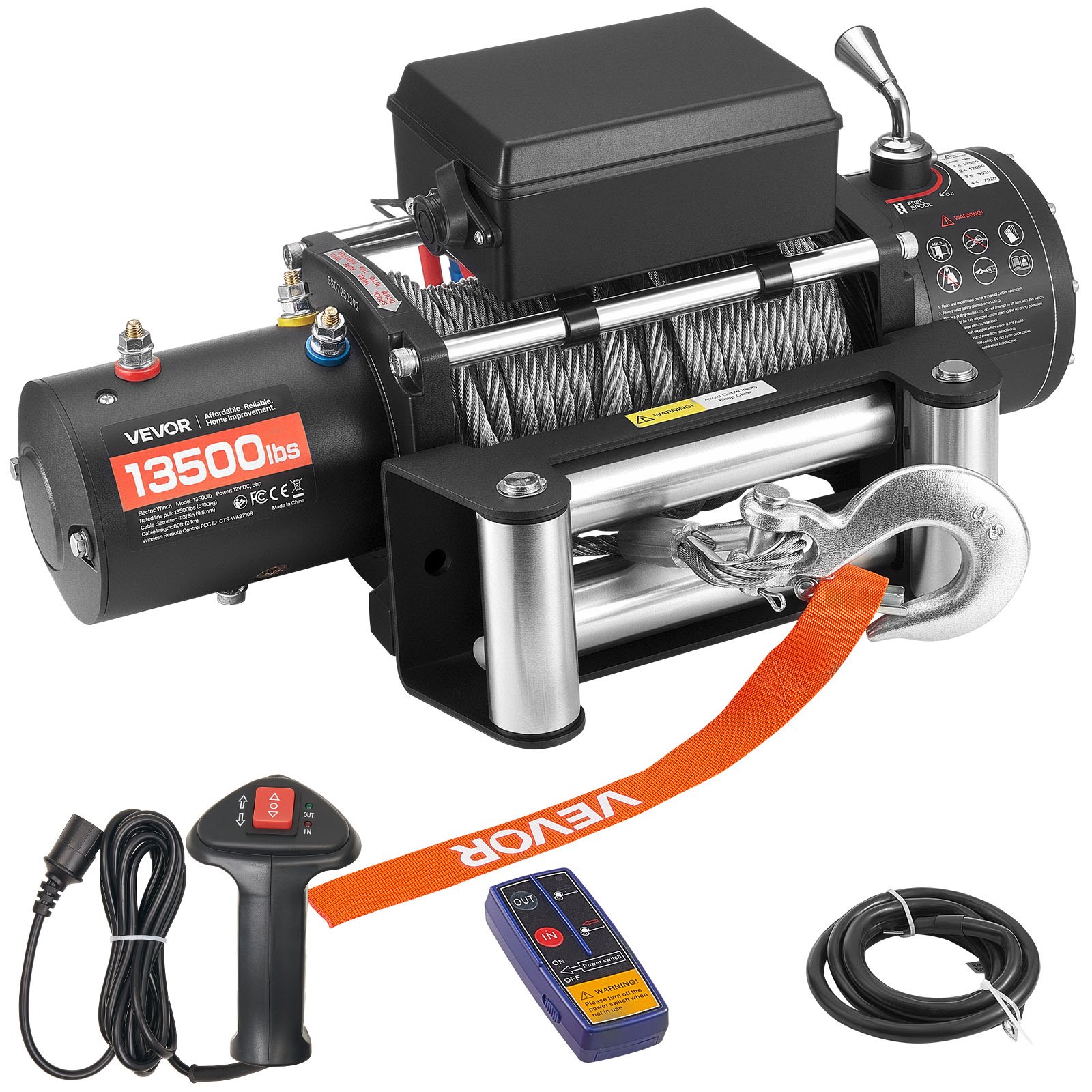 VEVOR Verricello Elettrico, Carico 6100 kg, per Camion 12 V CC con Fune in Acciaio Φ9,5 mm x 24 m, Telecomando Wireless e Cablato, IP55 Impermeabile per il Traino di SUV, Jeep, Rimorchi, Barche