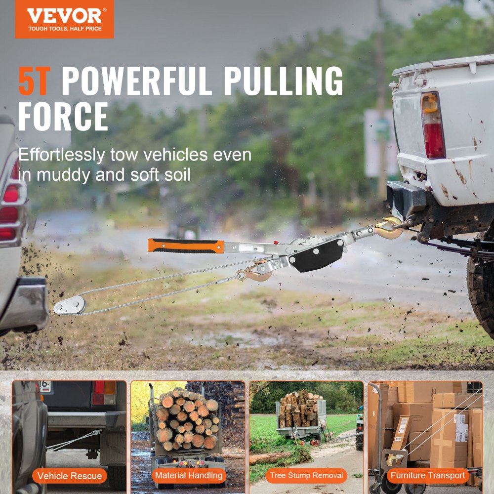 VEVOR Hand Lever Hoist 5 Ton Lifting Capacity Hand Winch 3.5 m Industrial Grade Carbon Steel Rope Chain Winch Anti-Reverse Mechanism Hand Hoist Rope Pulley Pulley Lifting Equipment