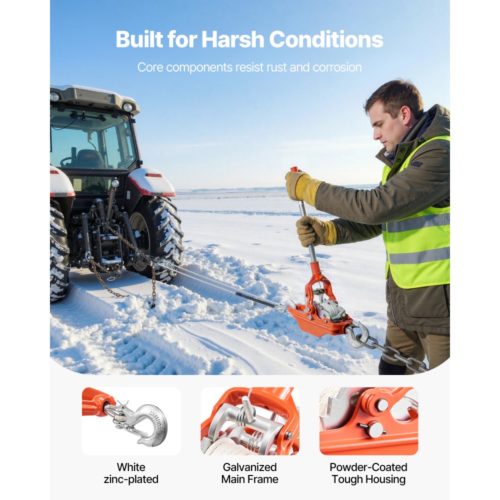 VEVOR Estrattore Manuale a Fune Metallica, Verricello Manuale con Cavo da 10,7 m Ø 8 mm e 2 Ganci, Capacità di Trazione di 3 T, Verricello a Cricchetto per Abbattimento Alberi e Recupero Stradale
